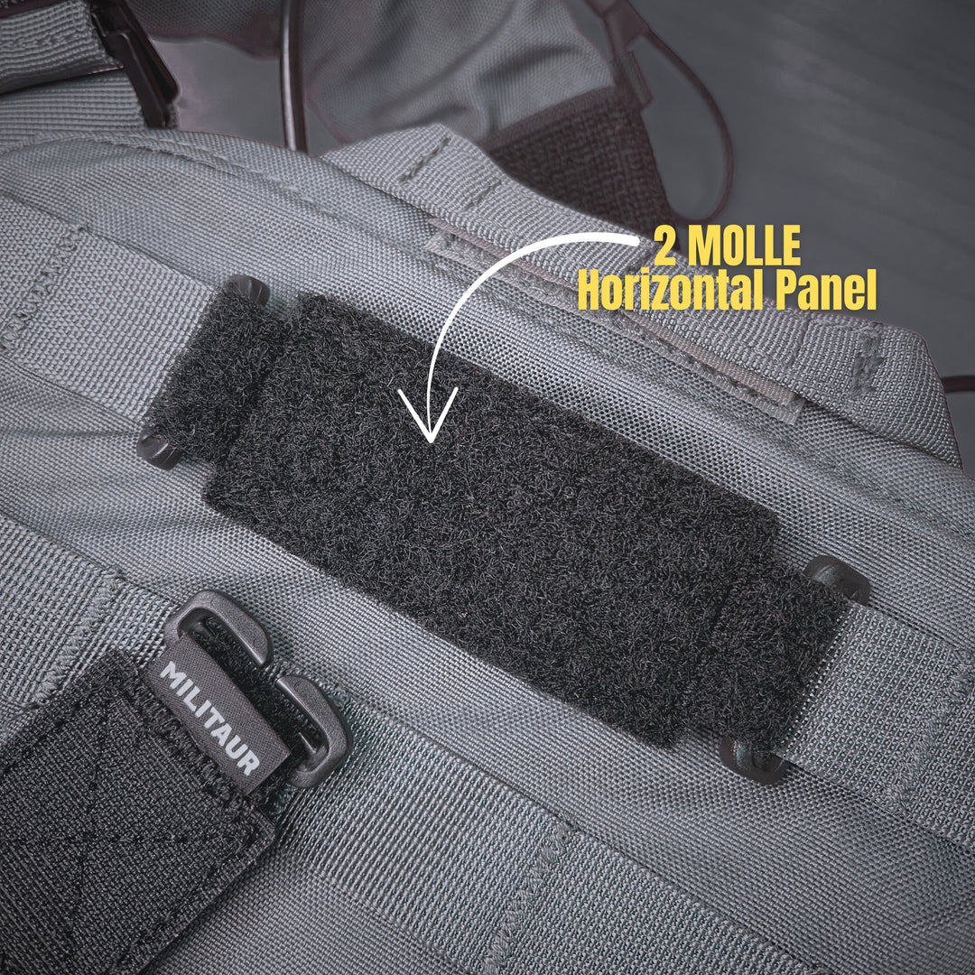 Close-up of a gray backpack with a Molle horizontal panel attachment. Militaur 2 molle horizontal panel in black