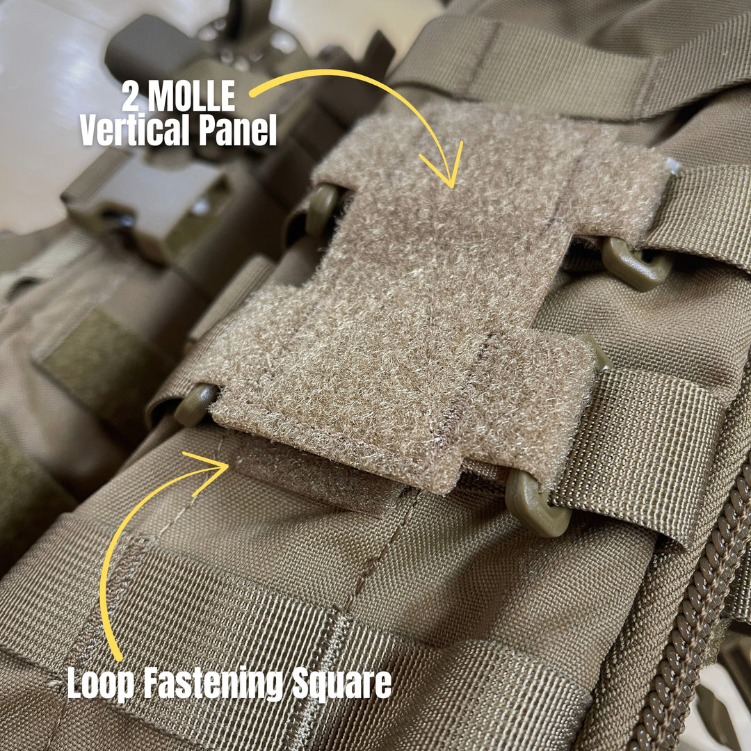 Close-up of a tactical vest with 2.MOLLE Vertical Panel and Loop Fastening Square labels. in coyote brown perfect for tactical gear