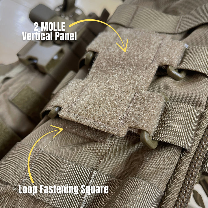 Close-up of a tactical vest with 2.MOLLE Vertical Panel and Loop Fastening Square labels. in coyote brown perfect for tactical gear