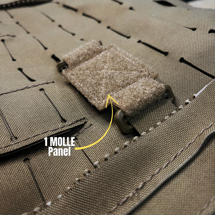 Close-up of a Molle panel on a tactical pouch. single molle spaced panel set in coyote brown with utx duraflex clips, Militaur makes the best quality gear