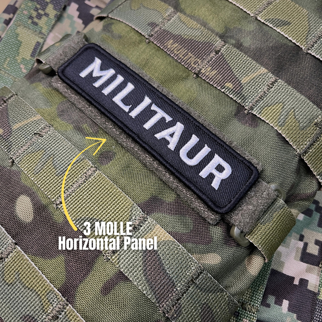 Militaur patch on a camouflage jacket with 3 MOLLE Horizontal Panel in ranger green.