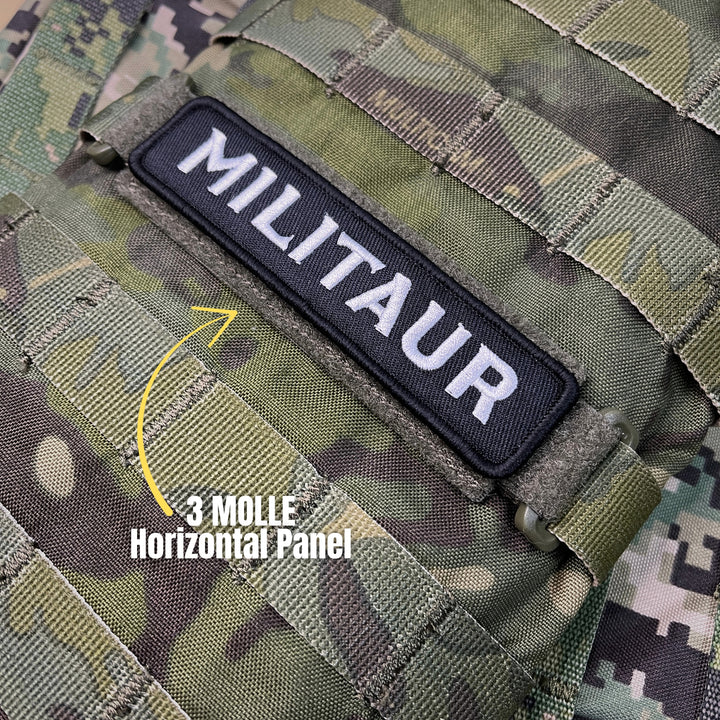 Militaur patch on a camouflage jacket with 3 MOLLE Horizontal Panel in ranger green.