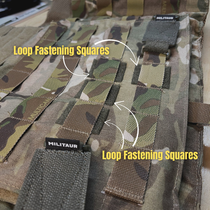 Camouflage bag with loop fastening squares labeled. for the Militaur panel set in ranger green, how to.