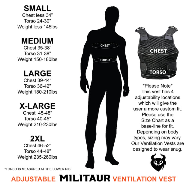 Militaur Adjustable ventilation vest size chart