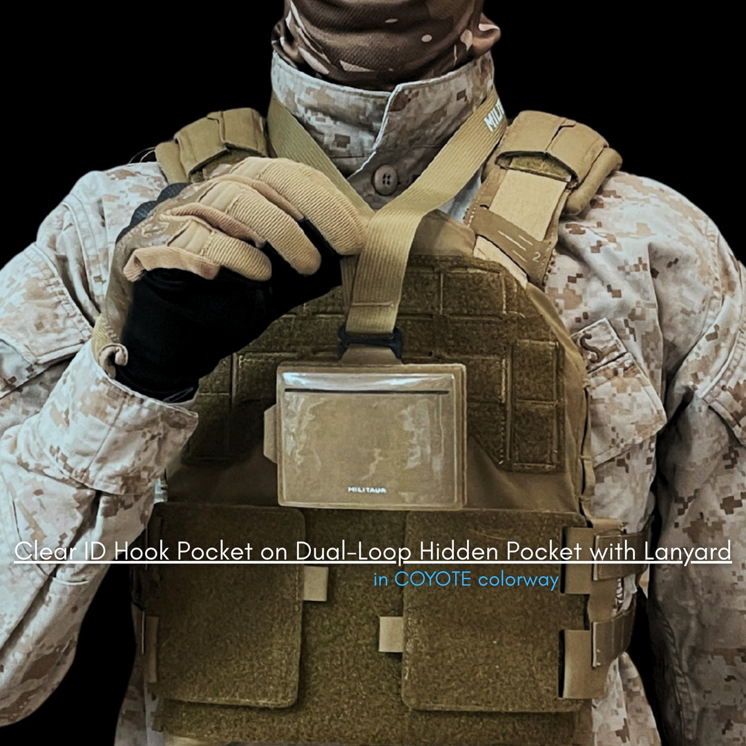 Person wearing a Coyote brown tactical vest with clear ID hook pocket and dual-loop hidden pocket.