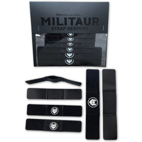 Militaur strap keepers in black, pack of 6, to keep loose straps and webbing secure and organized