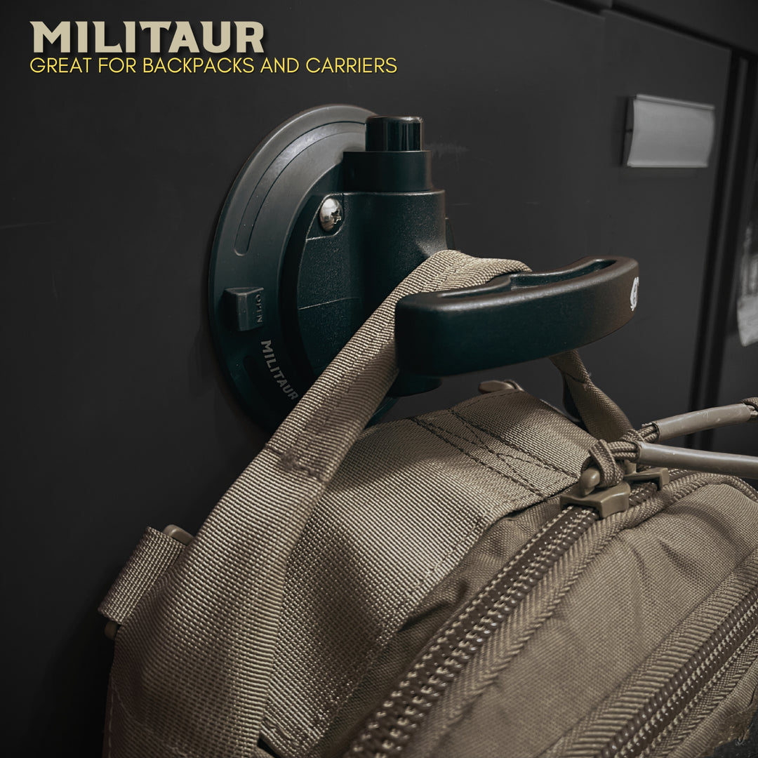militaur suction handle on a locker holding a backpack and plate carrier