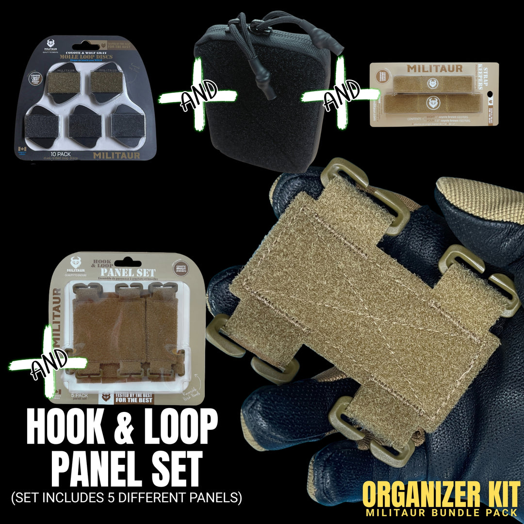 includes panel set brown, loop pouch black, strap keepers brownk, loop discs grey and brown with a hand holding a brown panel set piece. 