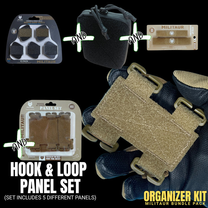 includes panel set brown, loop pouch black, strap keepers brownk, loop discs grey and brown with a hand holding a brown panel set piece. 
