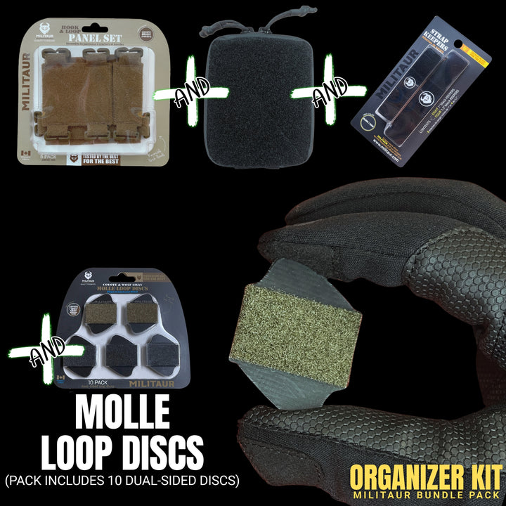 includes panel set brown, loop pouch black, strap keepers black, loop discs grey and brown with a hand holding a green loop disc