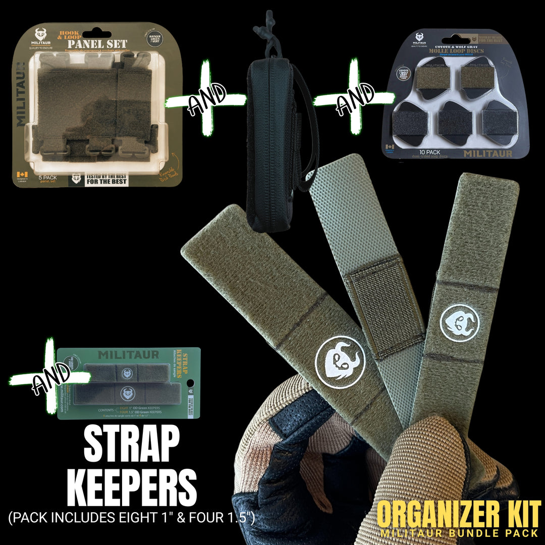 includes panel set green, loop pouch black, strap keepers green, loop discs grey and brown with a hand holding a green strap keepers