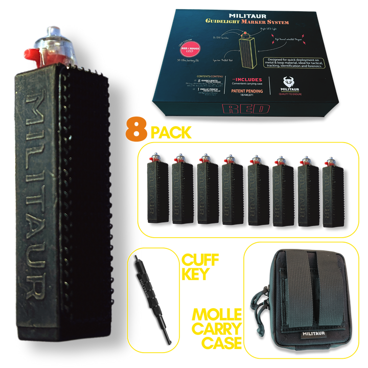 Militaur Guidelight Marker System contents, 8 guidelights, 1 molle carry case and 1 handcuff key