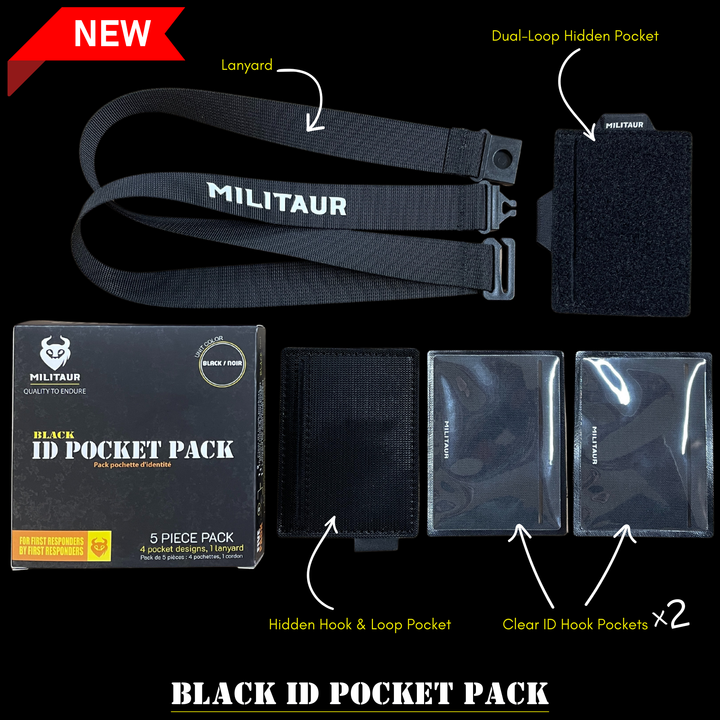 Black ID pocket pack with lanyard and multiple pouches on a black background