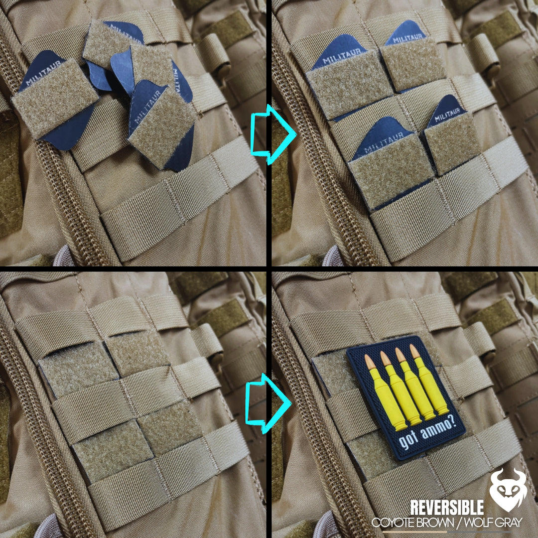 Four views of a tactical vest with patch changes via MILITAUR MOLLE Loop Discs (coyote brown) on a coyote brown plate carrier