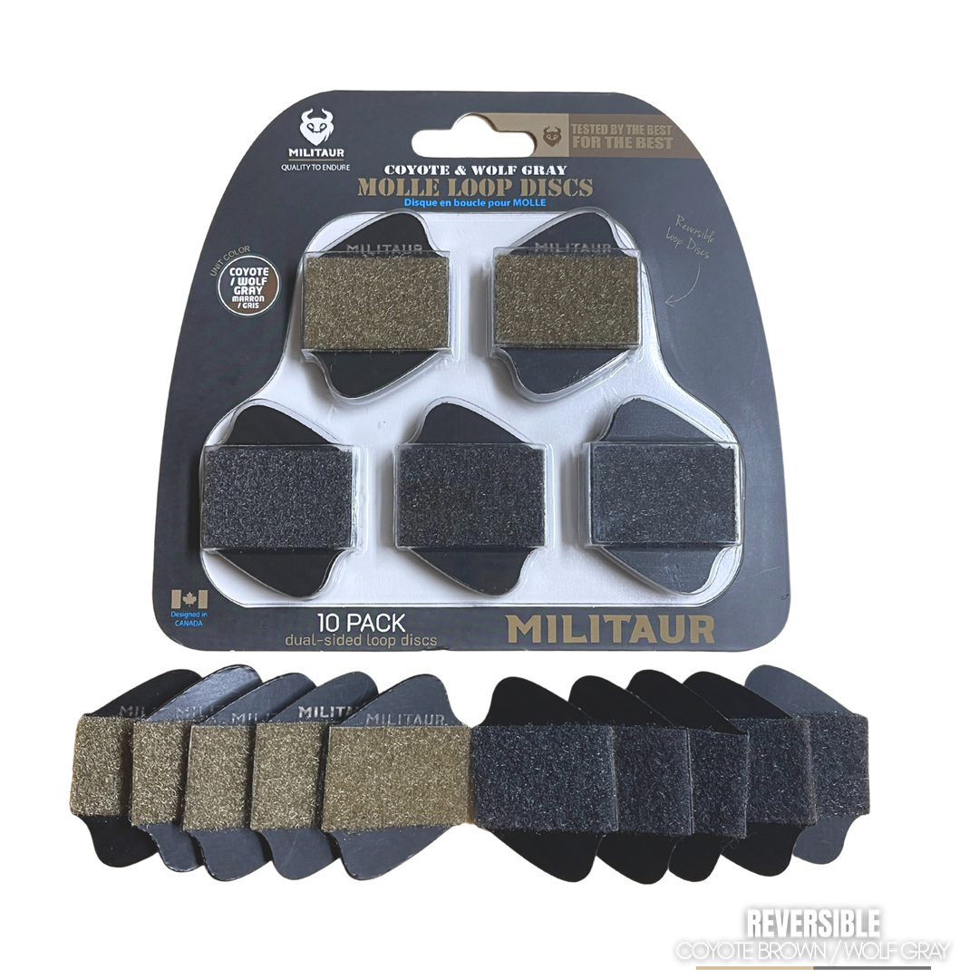 Packaged set of Militaur Molle loop discs with packaging and branding. color coyote brown and wolf gray.