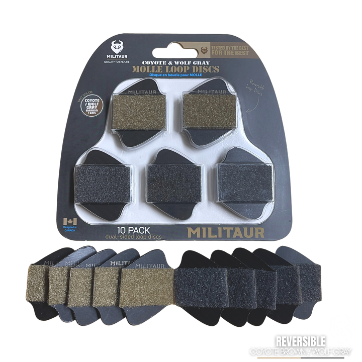 Packaged set of Militaur Molle loop discs with packaging and branding. color coyote brown and wolf gray.