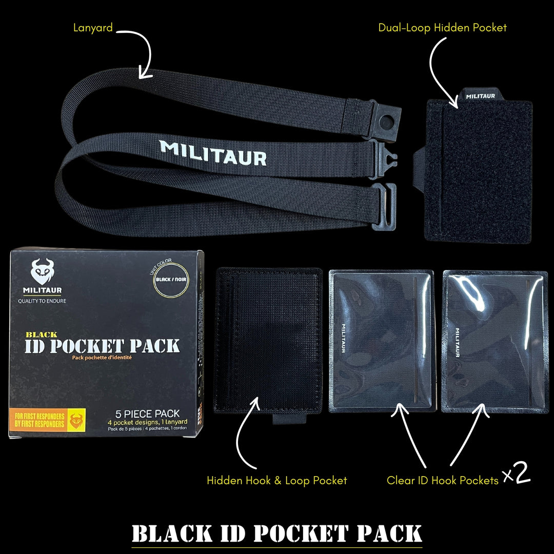 Black ID pocket pack with lanyard and multiple pouches on a black background