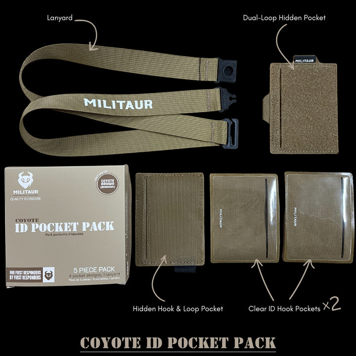 Coyote brown ID pocket pack with lanyard and multiple pockets on a black background