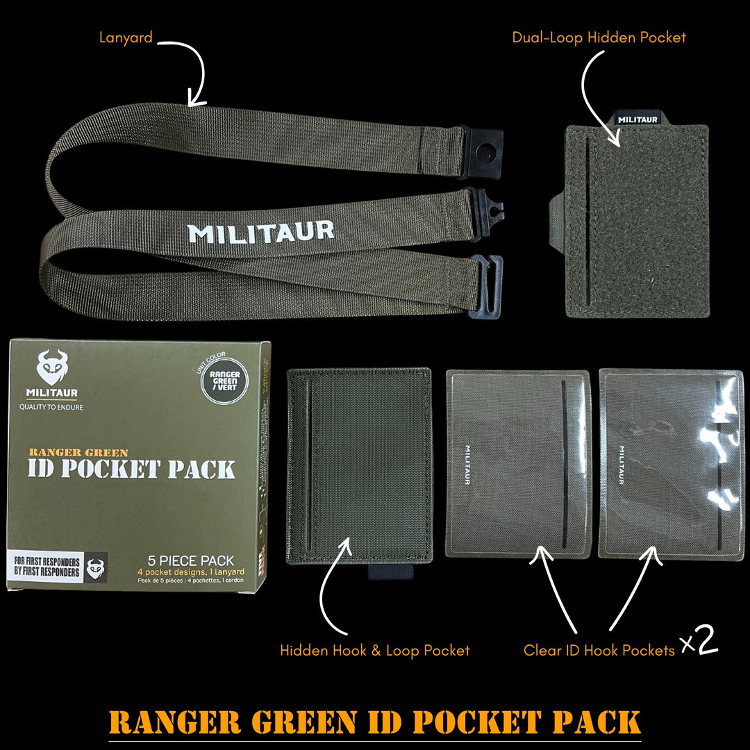 Militaur Ranger Green ID pocket pack with lanyard and packaging on a black background