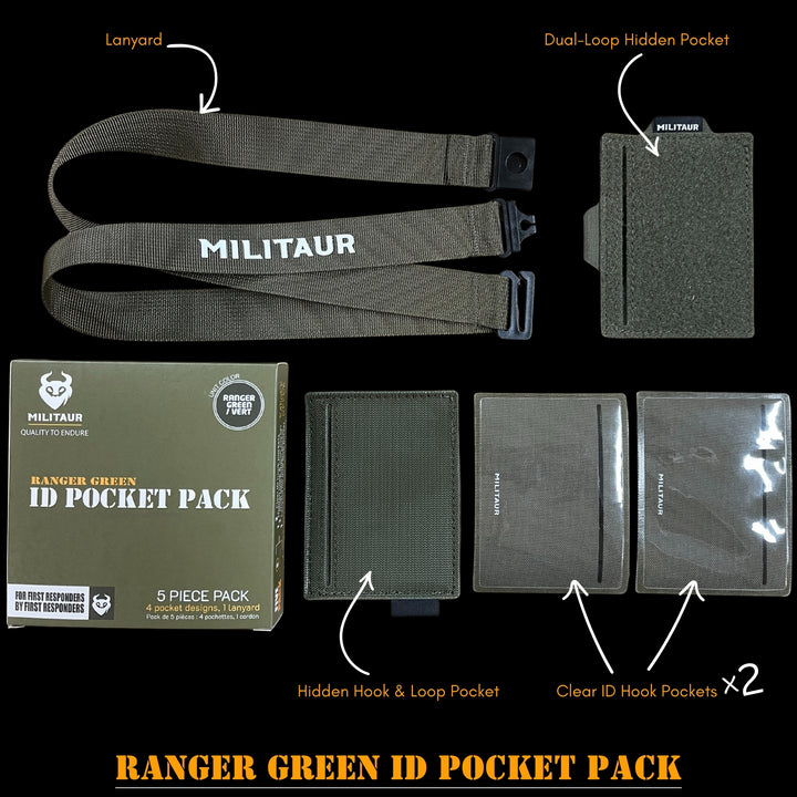 Militaur Ranger Green ID pocket pack with lanyard and packaging on a black background