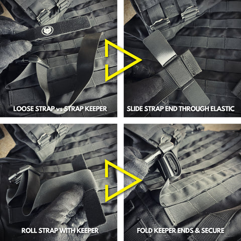 how to use a Militaur strap keeper, 4 step process to get professional looking bags